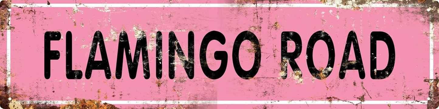 AWISZZZ Vintage Metal Tin Sign Retro Flamingo Road Signs Stylish Wall Art Plaques for Home Decor Bathroom Kitchen House and Gothic Wall Decor or as a Unique Poster 16x4 in
