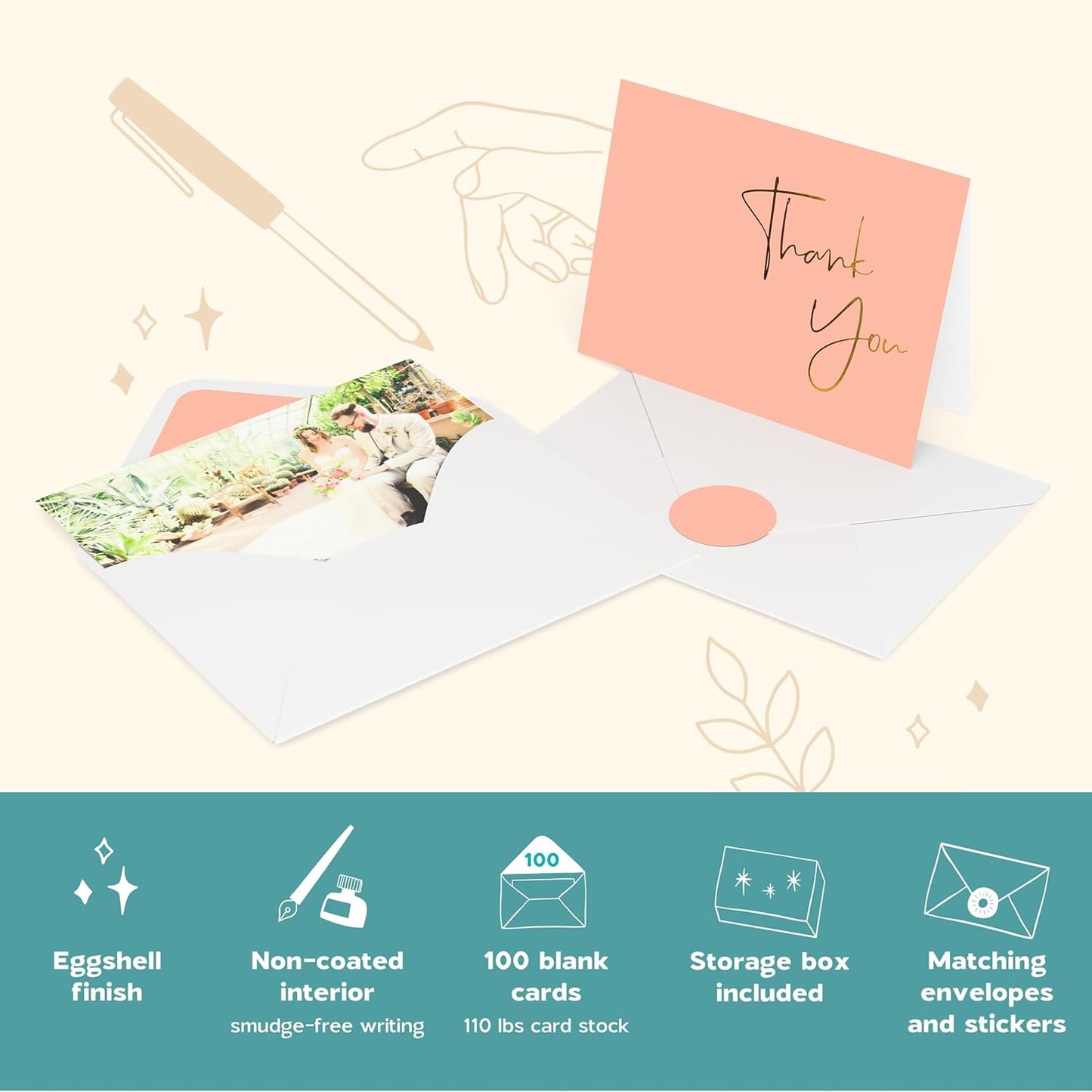 VNS Creations Gold Foil Thank You Cards With Envelopes Bulk Set & Stickers - 100 Pack 4x6 Blank Thank You Notes Box Set - Large Note Card Small Business, Wedding, Baby Shower & Bridal Shower - Peach