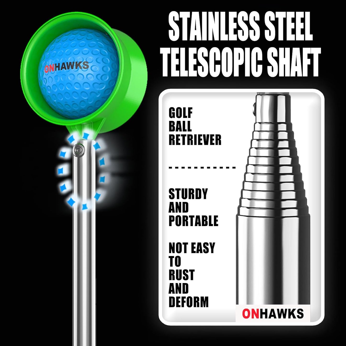 Golf Ball Retriever for Water,Telescopic 12Ft/9Ft Stainless Steel Shaft Two-Sided Easy Pick Up Balls,Unbreakable Head Retriever Tool Golf Accessories Golf Gift for Men