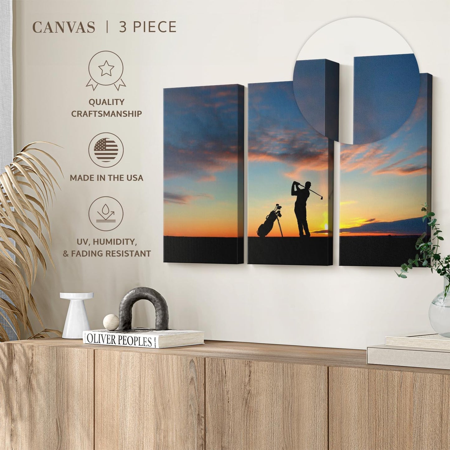 ElephantStock Golfing At Sunset Wall Art - Horizontal Canvas - 3-Piece Living Room Wall Decor - Golf Photography Canvas Print - Black and Orange Decor for Wall - 74" X 48"