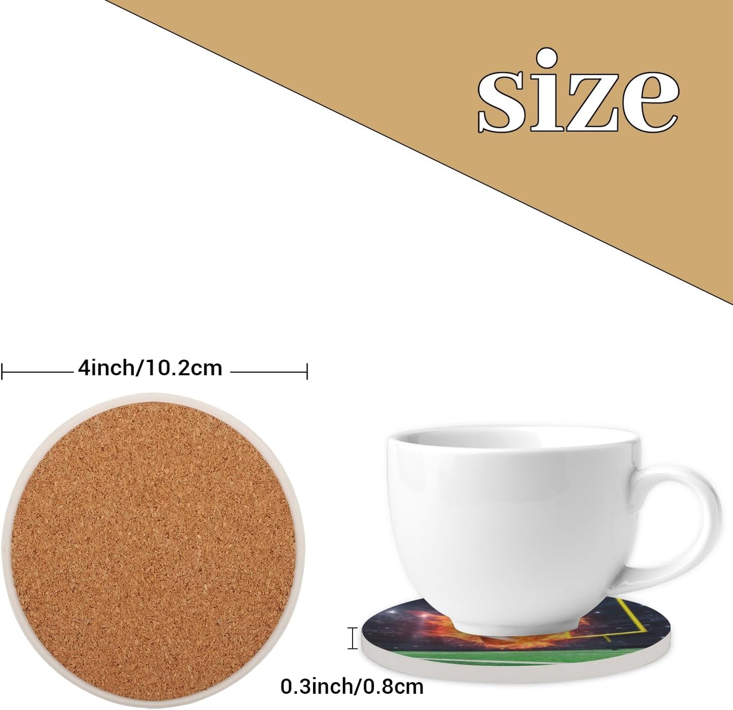 Ceramic Coasters for Drinks with Cork Back,Clean Soccer Display (2) 4 Inch Absorbent Coaster Set 4 Pack, Quick Dry Non-Slip Coaster Mats for Home, Office, Bar