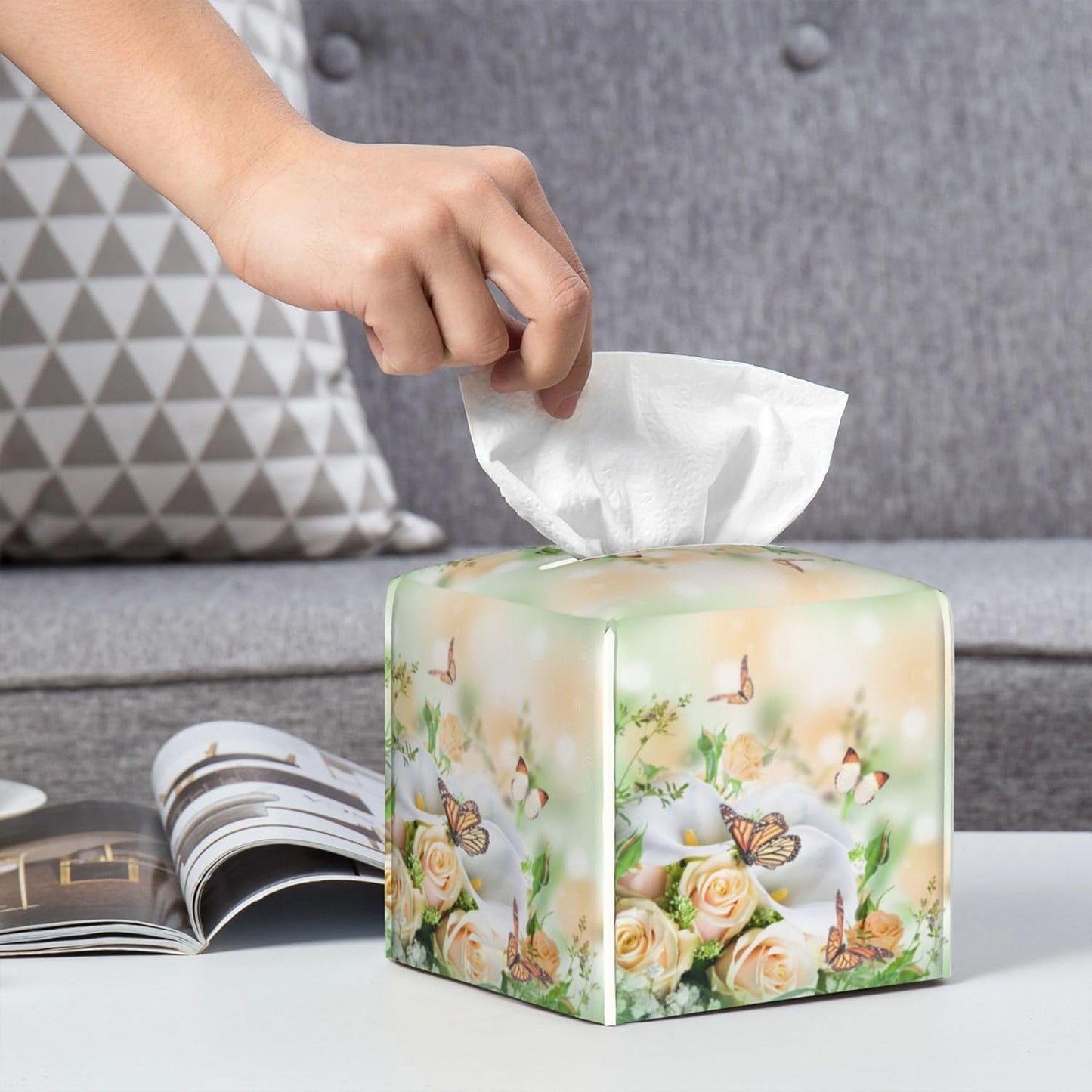 Rose Flowers and Butterfly Tissue Box Cover Square,Yellow Roses Floral Tissue Box Holder Waterproof Leather Facial Paper Organizer Dispenser for Bathroom Home Car Nightstand Vanity Desk