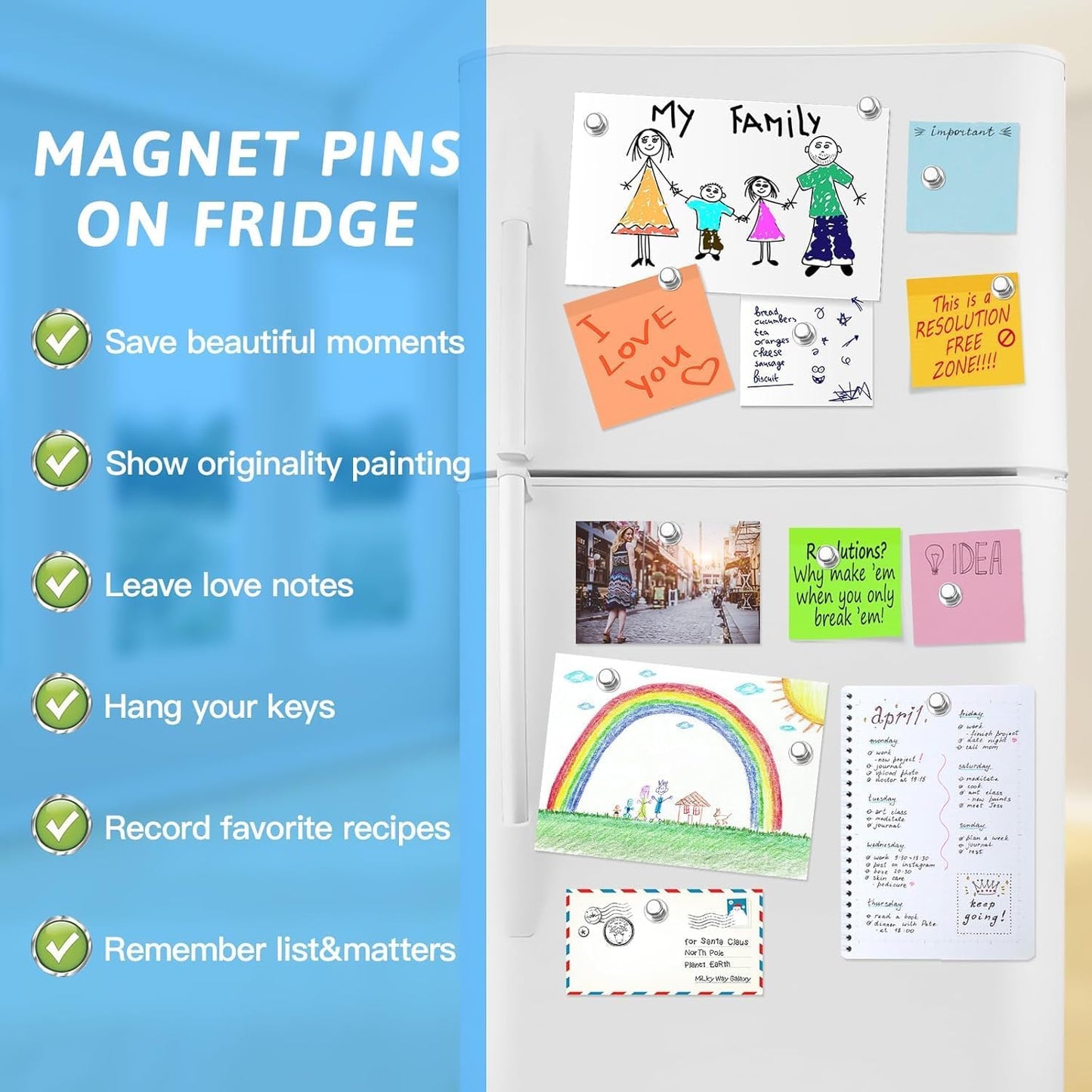 Small Strong Refrigerator Magnets Black Magnets for Fridge Mini Magnetic Push Pins Metal Brushed Nickel for Whiteboard Map, Fridge Magnets Adult, Office Magnet (Silver, 60Pack)