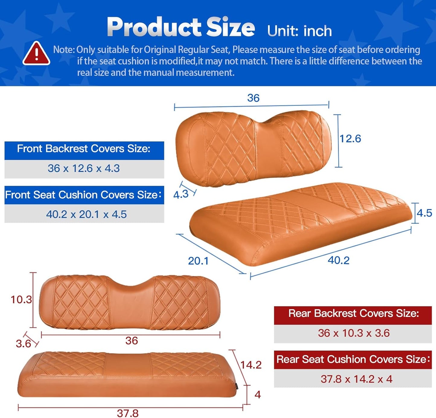 NOKINS 4PCS Golf Cart Diamond Seat Covers Kit, Front and Rear Seat Covers Fits EZGO Freedom TXT-T48 2014+ Standard Seat Cushion, Durable Breathable Vinyl (All Brown)