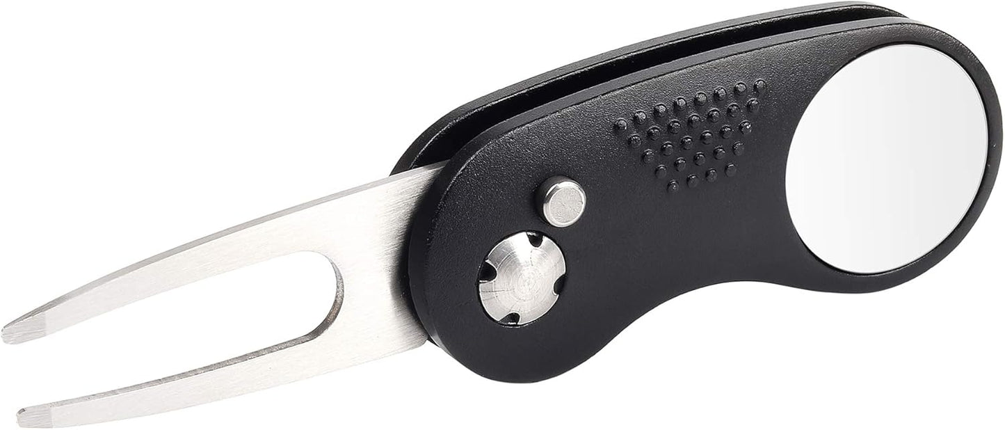 Mile High Life Golf Divot Repair Tool, All Metal Foldable Divot Tool with Pop-up Button & Magnetic Ball Marker