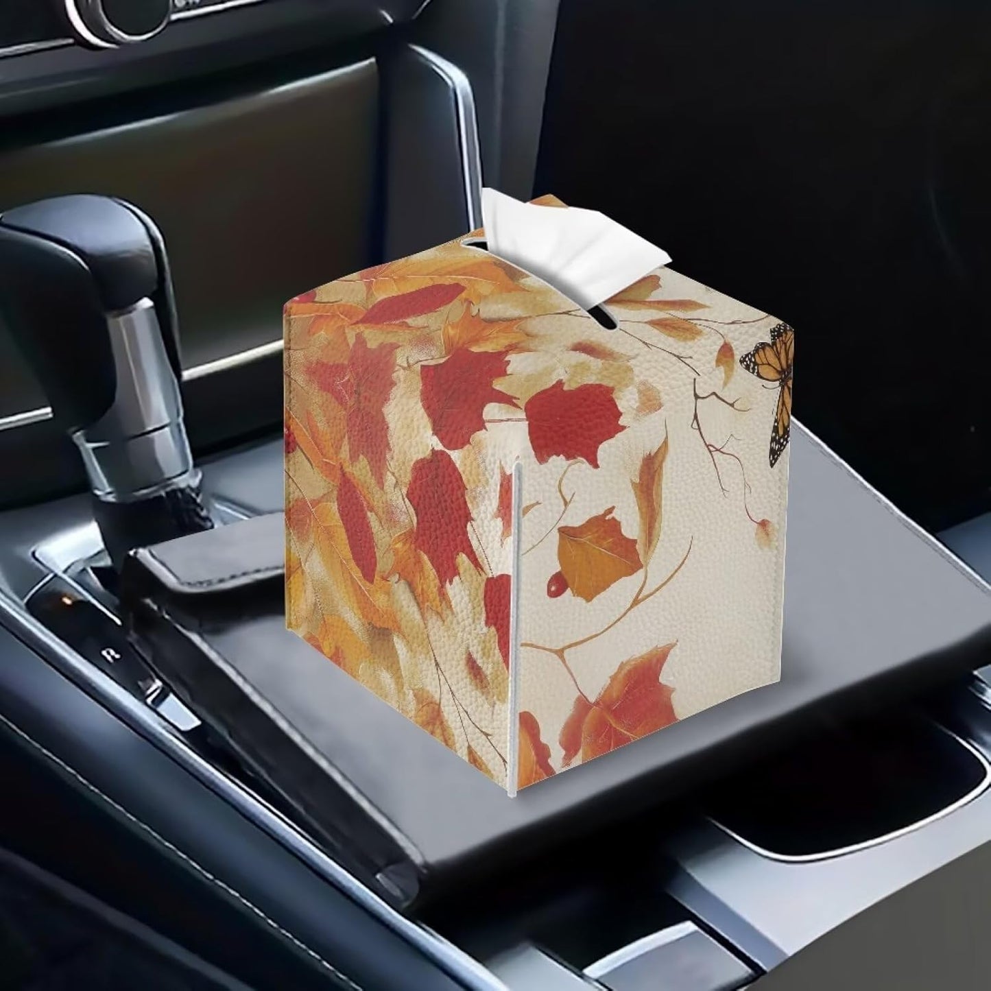 Cute Cat Tissue Box Cover Cube Leather Tissue Box Holder Thanksgiving Facial Paper Organizer 5x5x5 inch Mordern Home Decor Accessories Fall Leaf Print