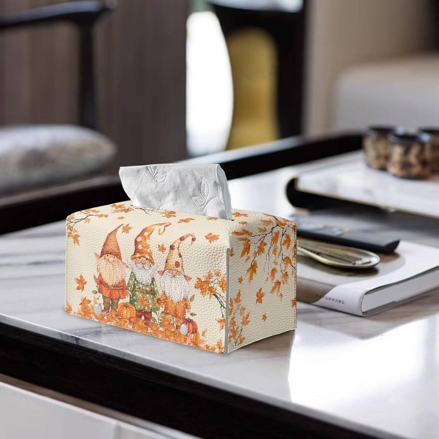 Thanksgiving Tissue Box Cover Rectangle Cute Gnome Tissue Box Holder for Car Fall Tissue Cover Box Soft PU Leather Bathroom Decorations Portable for Travel