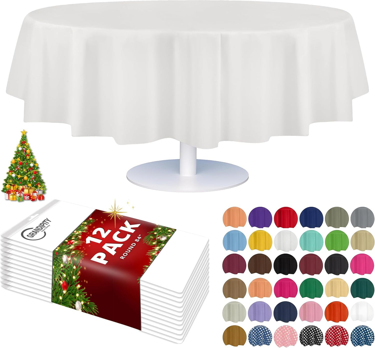 Grandipity Brand Round White Plastic 84" Disposable Tablecloth (12 Pack), Party & Event Decorative Cover