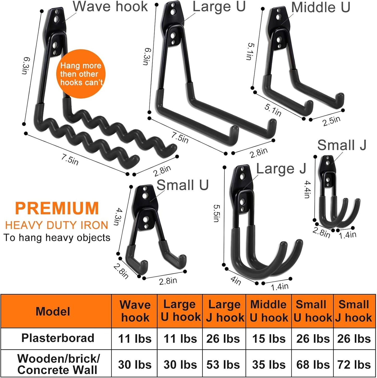 AOBEN Garage Hooks Heavy Duty, Steel Garage Storage Hooks, Utility Tool Hangers and Combinable Wall Mount Garage Hooks for Organizing Ladders, Bikes, Hoses, and More Equipment (Small J, 5 Pack)
