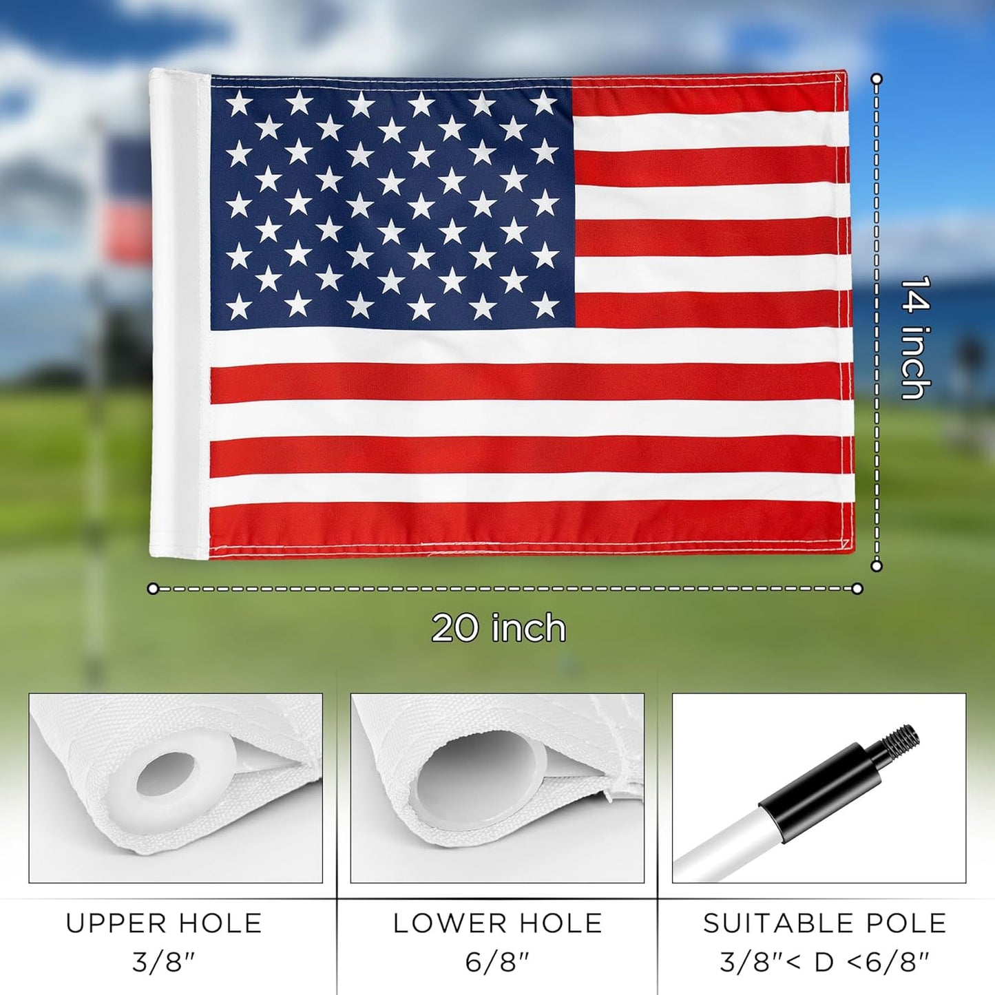 KINGTOP USA Golf Flag 20x14 Inch - Tube Inserted, Dual-layer 420D Nylon, Double Sided Printing - Standard Putting Green Flags for Backyard Practice, Golf Courses, Country Club, 1-Pack