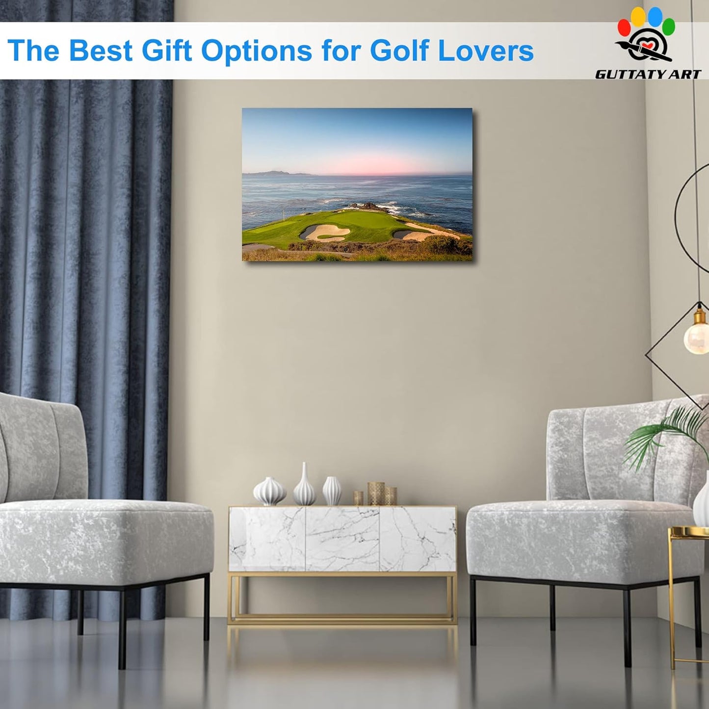 Golf Canvas Wall Art, Pebble Beach Golf Links Painting Prints for Living Room Wall Decor, Men's Sports Golf Course Poster Picture for Bedroom Decor, Framed Artwork for Office Home Decor 12x18 Inches
