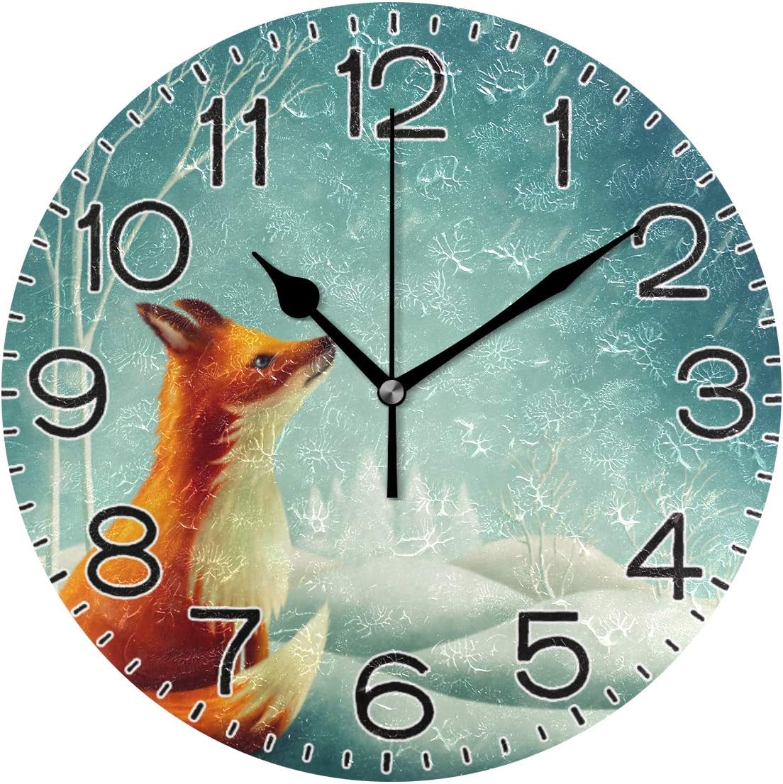 Red Fox Wall Clock Battery Operated Non Ticking Silent Quartz Analog Rustic Farmhouse Round Clock Retro Decor for Home Kitchen Living Room Bathroom