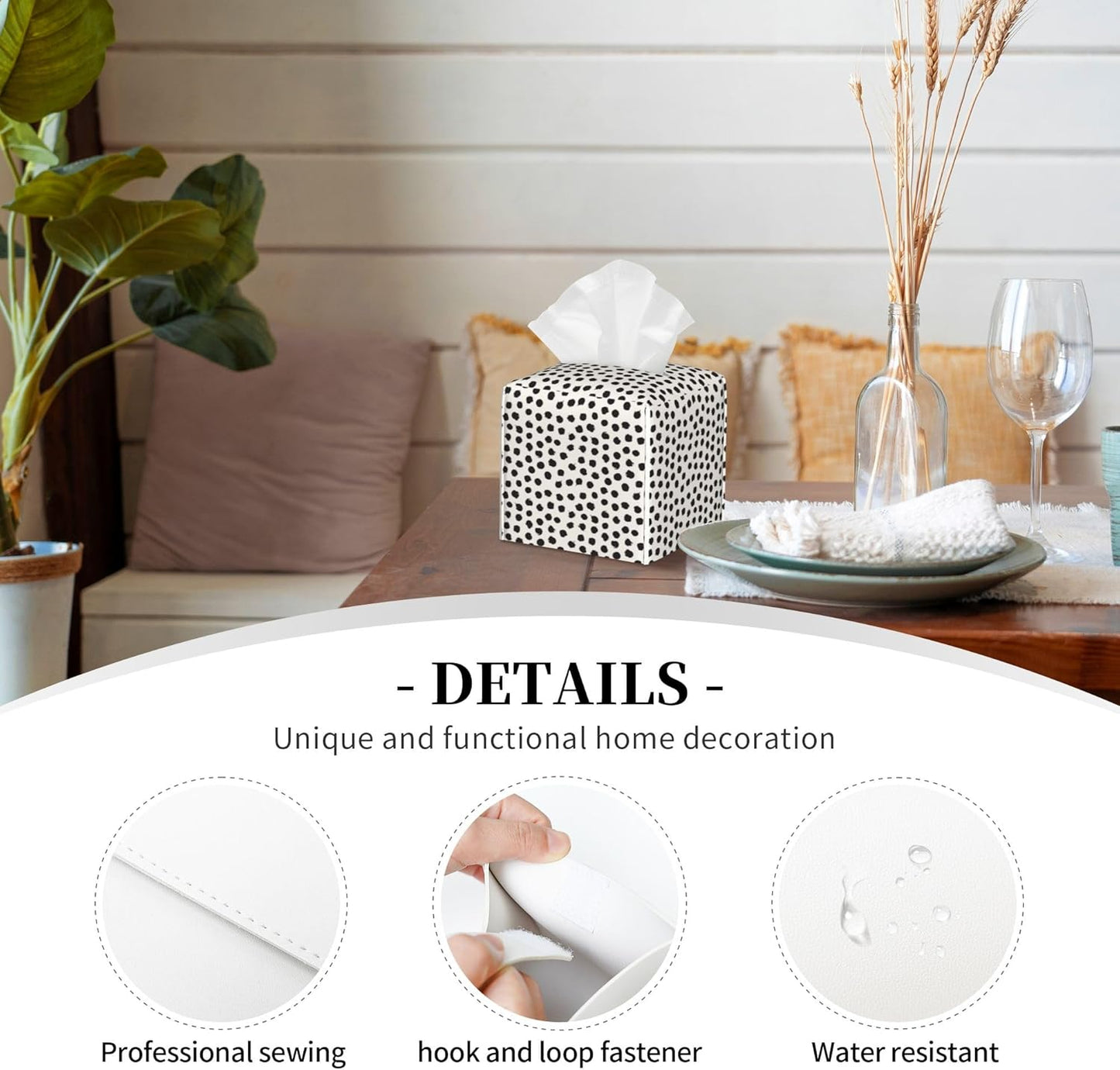 Polka Dot Black Circle Tissue Box Cover Square,Abstract Round Brush Strokes Tissue Box Holder Waterproof Leather Facial Paper Organizer Dispenser for Bathroom Home Car Nightstand Vanity Desk