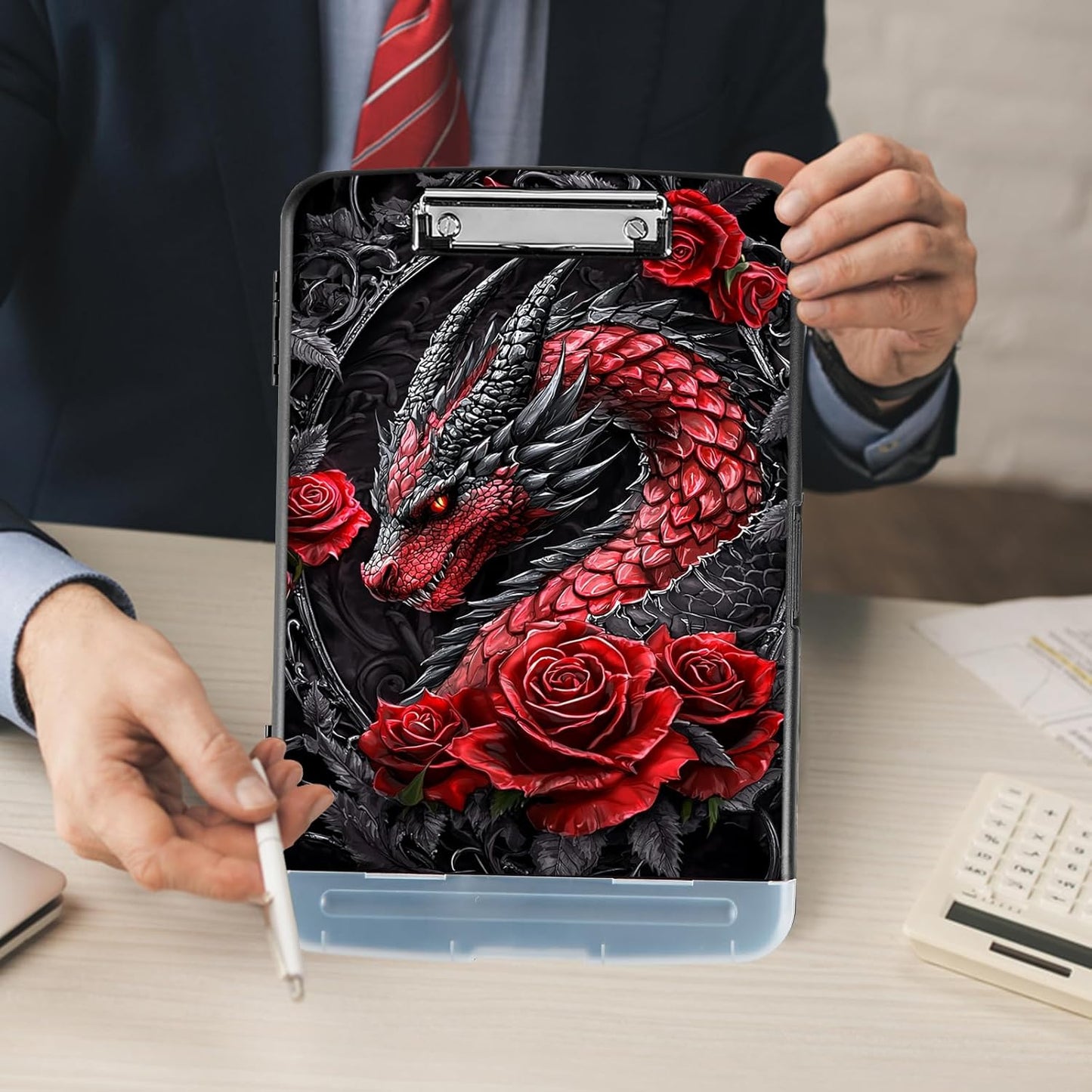 Clipboard with Storage - Large Capacity,Nursing Clipboard with Pen Holder,Heavy Duty,Plastic Side-Opening Folder for Teacher,Nurse - Dragon with Red Roses