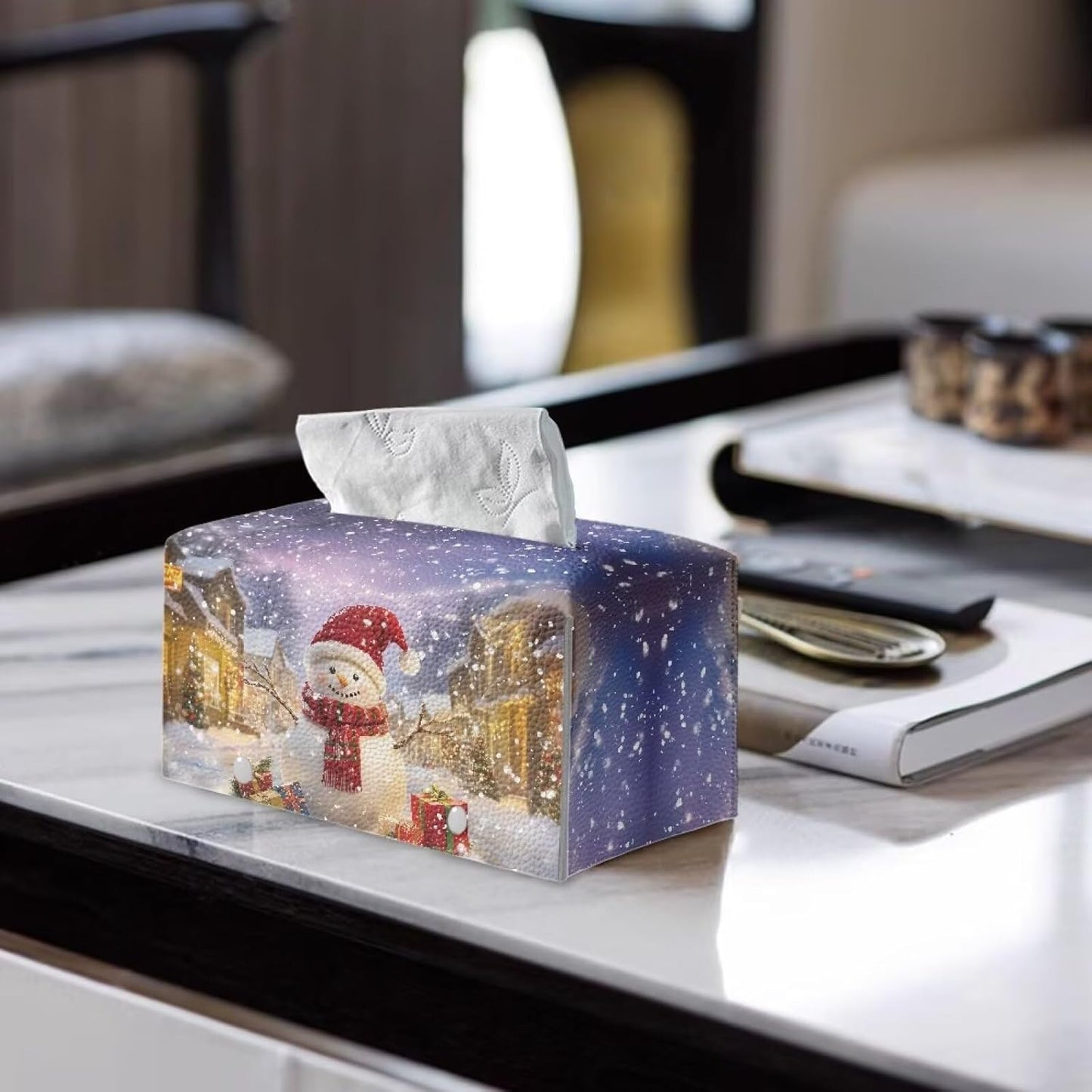 Rectangle Tissue Box Cover Snowman Print Cute Tissue Box Holder with Bottom Belt Christmas Tissues Cube Boxes for House Winter Indoor Decorations for Dining Room