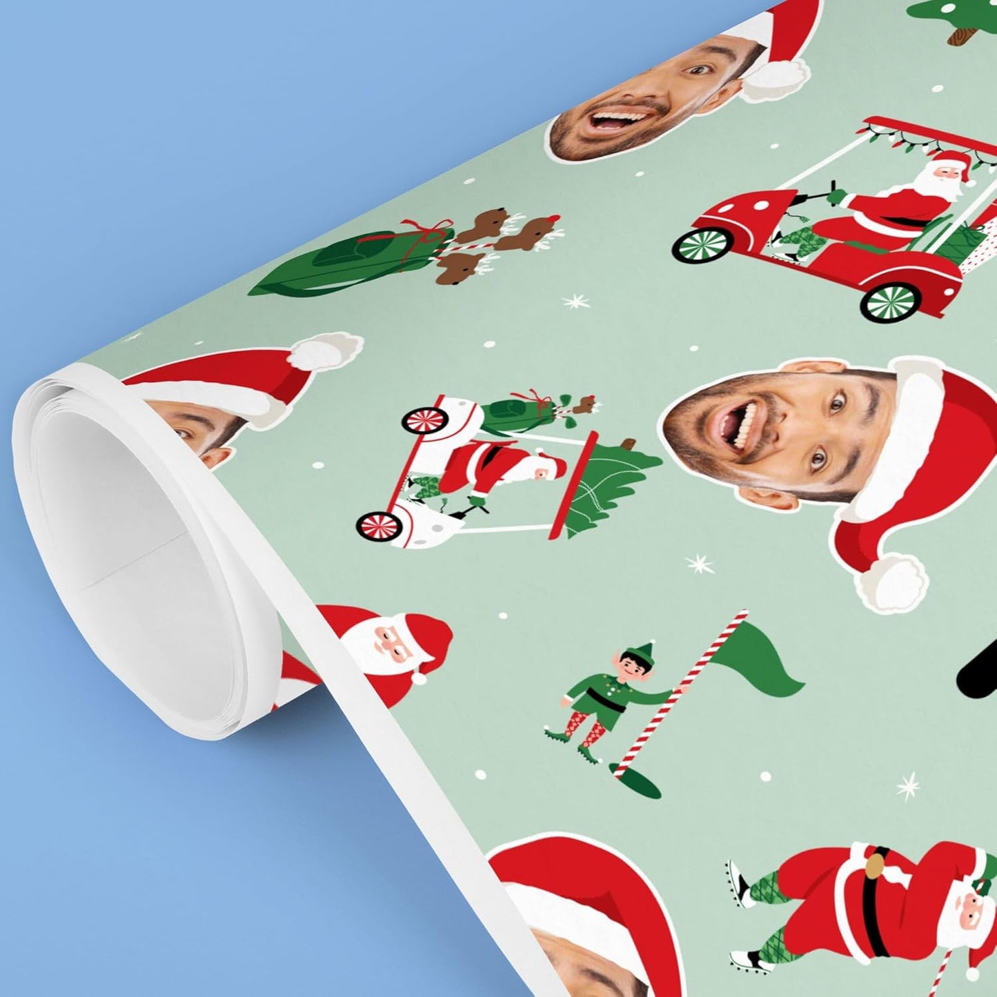 Big Dot of Happiness Custom Photo Golfing Santa Wrapping Paper, Personalized Golf Christmas Holiday Gift Wrap Roll, Funny Santa Hat Fun Face Christmas Gift Paper, 24 in x 7 feet, 2 Rolls