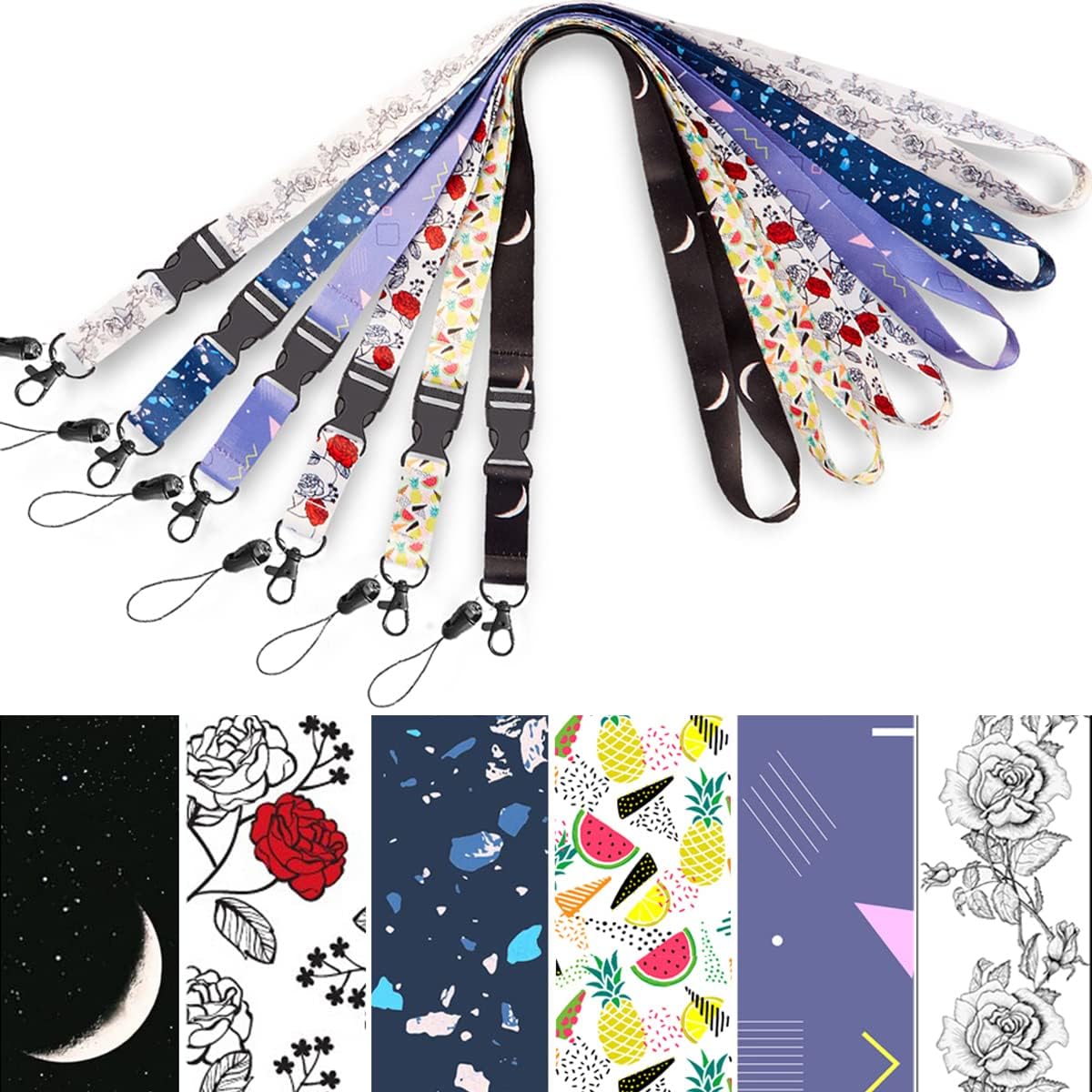 6 Pack Lanyards,White Black Roses,Black with Moon,Neck Office Cruise Lanyard For Keys Women Men ID Card Holder Waterproof