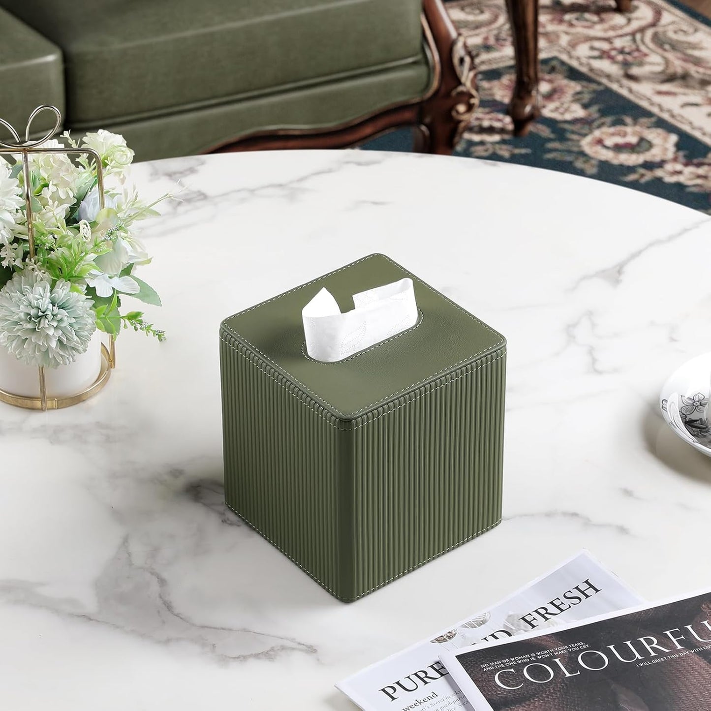PU Leather Tissue Box Cover Square with Magnetic Closure, Modern Tissue Box Holder for Bathroom Bedroom Office Desk, Decorative Square Tissue Holder (Green)