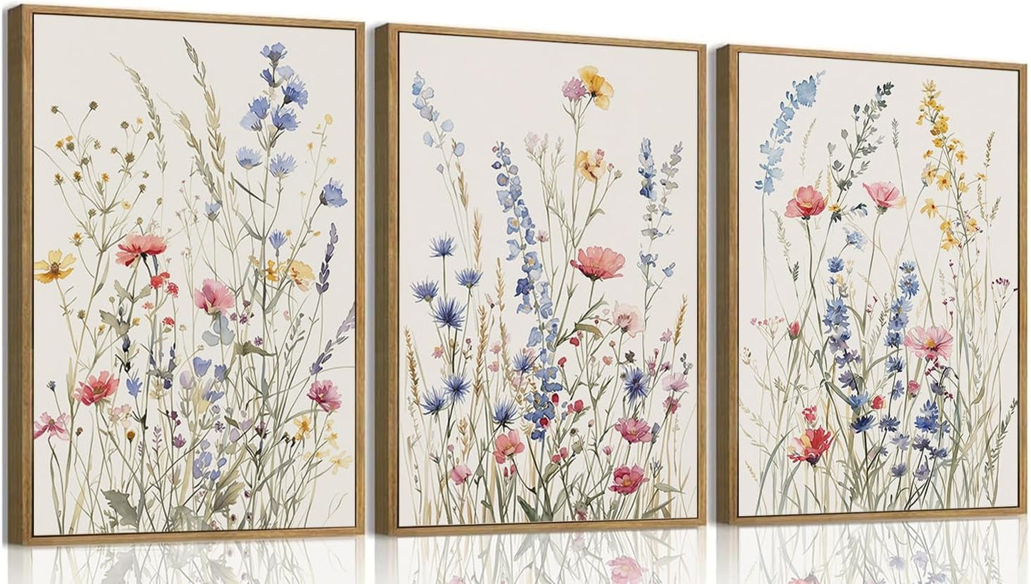 MTFBWY 3Pcs Framed Wildflower Canvas Wall Art – Floral Wall Art Watercolor Prints, Blue Botanical Artwork, Colorful Flower Pictures Decor Printing for Living Room, Girls Bedroom, or Bathroom, 16L" x 12W"