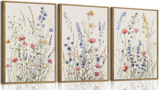 MTFBWY 3Pcs Framed Wildflower Canvas Wall Art – Floral Wall Art Watercolor Prints, Blue Botanical Artwork, Colorful Flower Pictures Decor Printing for Living Room, Girls Bedroom, or Bathroom, 16L" x 12W"