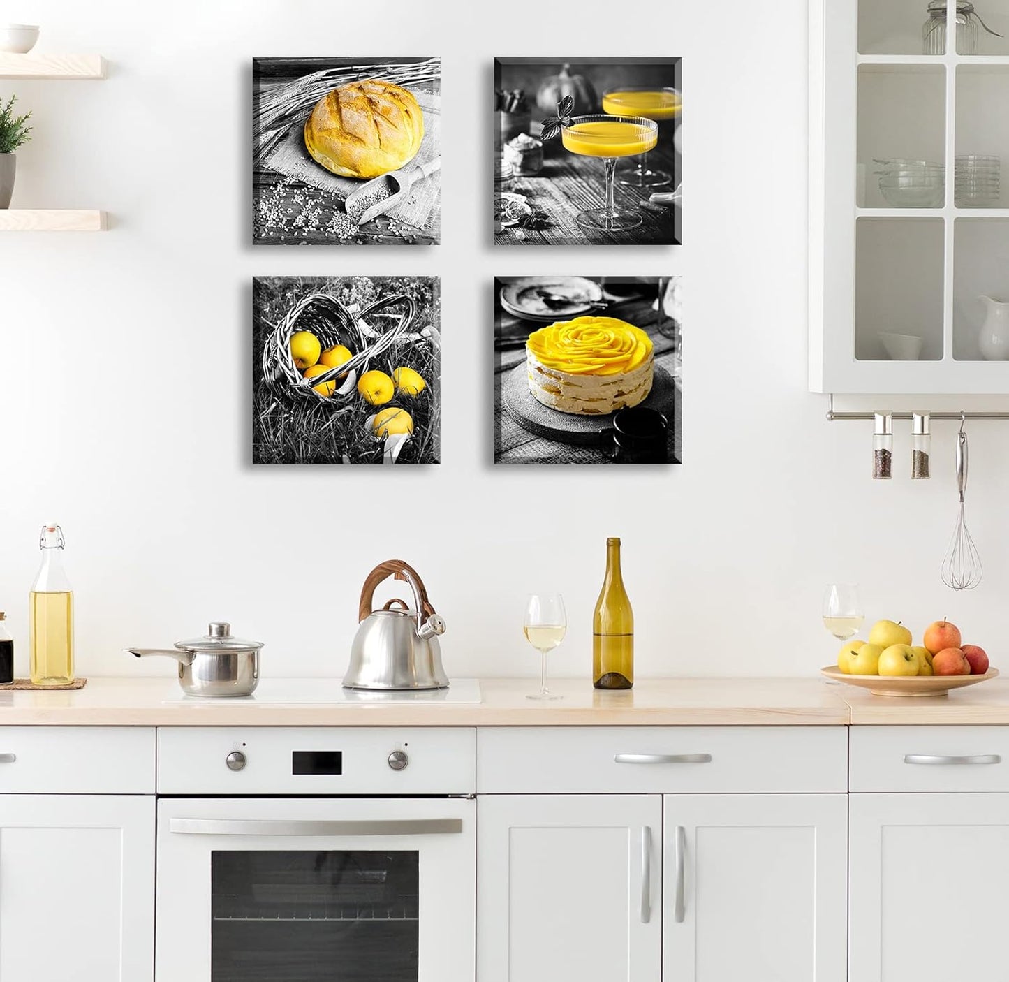 DJSYLIFE Kitchen Wall Decor Black and White Yellow Wall Art Bread Cake Fruit Picture Canvas Print Paintings for Cafe Dining Room Restaurant Farmhouse Kitchen Decoration 12" Wx12 Hx4