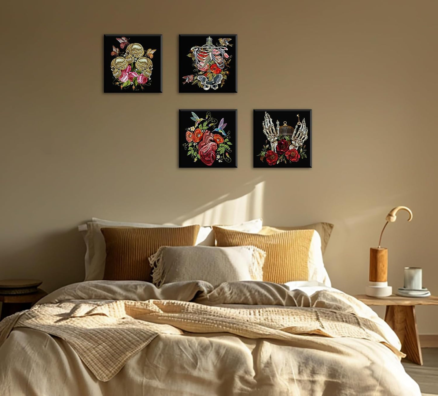 DJSYLIFE Gothic Wall Art - 4-Panel Skeleton and Roses Canvas Print, Dark Moody Decor for Bedroom, Bathroom, Halloween, Ready to Hang 12"x12"x4