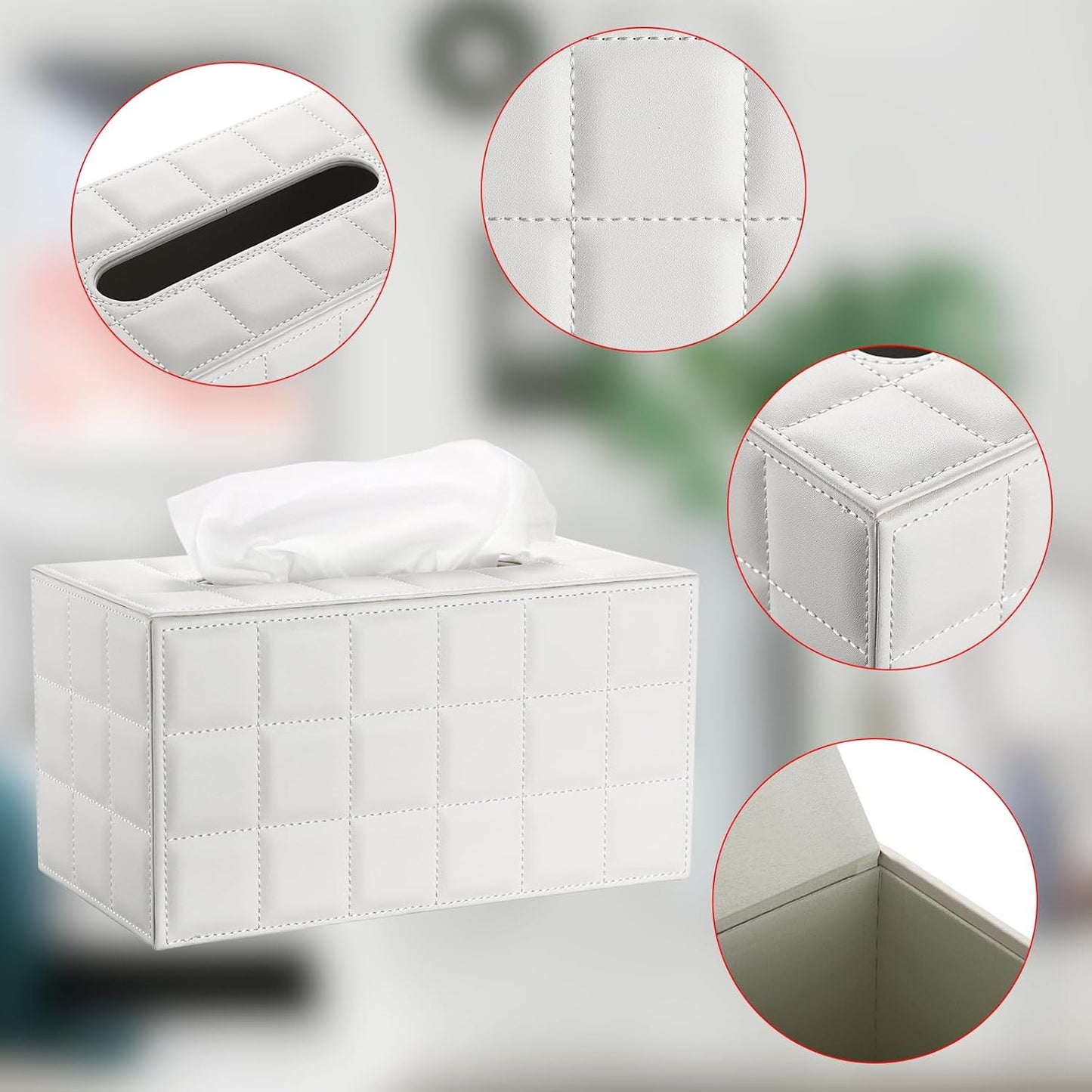 Sumnacon Tissue Box Cover Rectangle Leather Tissue Box with Magnetic Bottom,PU Tissue Box Holder Decorative Grid White Tissue Cover for Bathroom Toilet Bedroom Kitchen Office Table Desk, Large