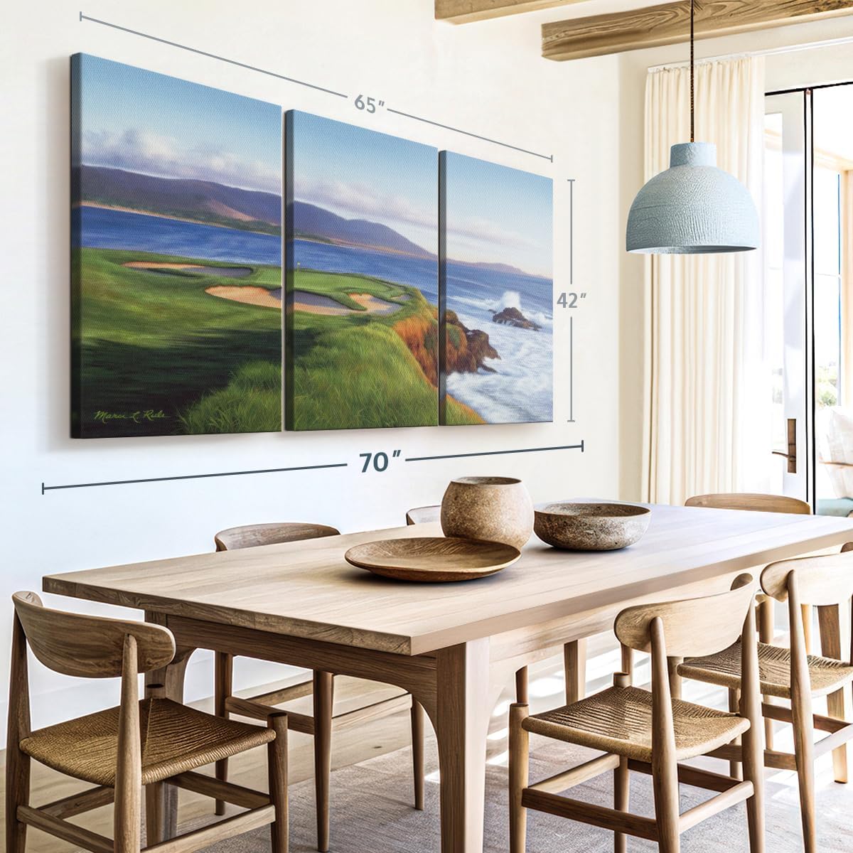 ElephantStock Pebble Beach 7th Hole Wall Art - Horizontal Canvas - 3-Piece Living Room Wall Decor - Painting Sports Canvas Print - Green and Blue Decor for Wall by Marci Rule - 65" X 42"