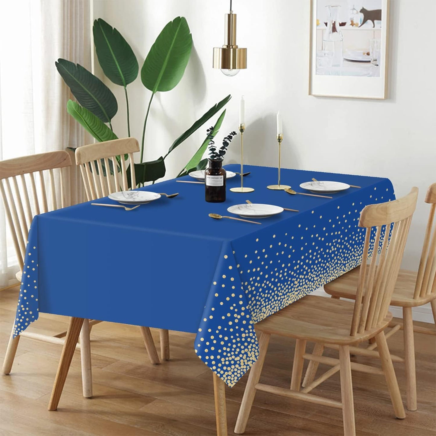 QIKSION 3 Pack Navy Blue and Gold Dot Tablecloth for Parties, Disposable Blue Table Cloths for Birthday, Graduation Party Table Cover for Rectangle Tables(54 × 108 Inch)