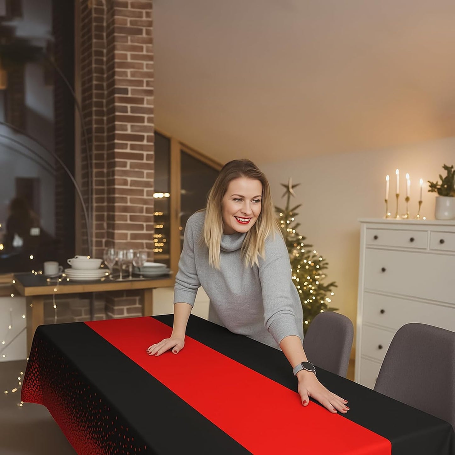 2in1 Disposable Plastic Tablecloths 54" x 108" Black and Red Dot Kitchen Table Cloth Rectangle Table Cover for Wedding Birthday Baby Shower Anniversary Christmas Graduation (Black/Red, 16 Pack)