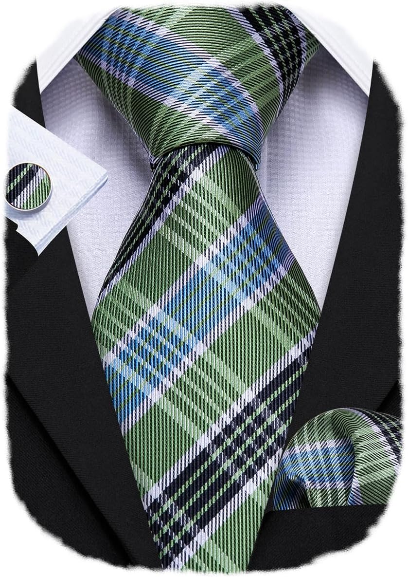 Barry.Wang Designer Classic Ties for Men Set Formal Pocket Square Cufflink Check Plaid