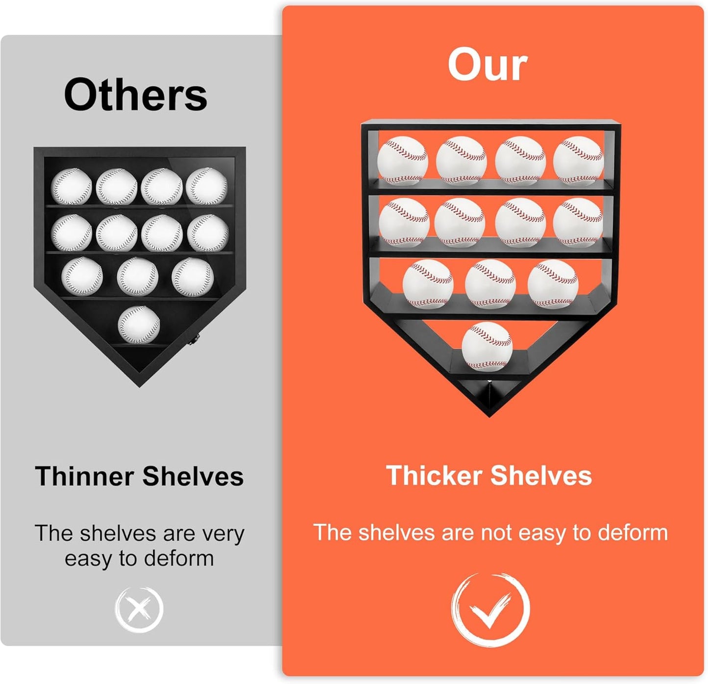 Baseball Display Case,Baseball Holders for Balls,12.8x16 inches Large Black Shadow Box for 12 Baseballs Wall Mount,Without Door,for Home Run and Collector Autograph Balls