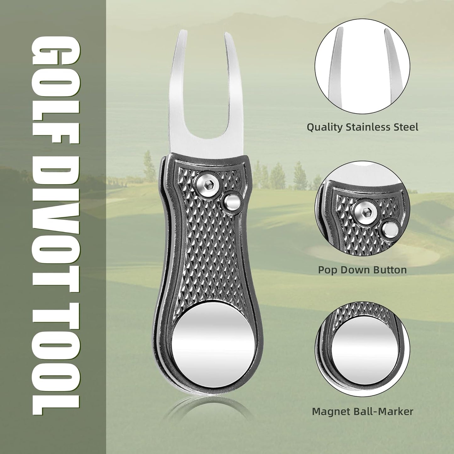 Mile High Life Golf Divot Repair Tool, All Metal Foldable Divot Tool with Pop-up Button & Magnetic Ball Marker