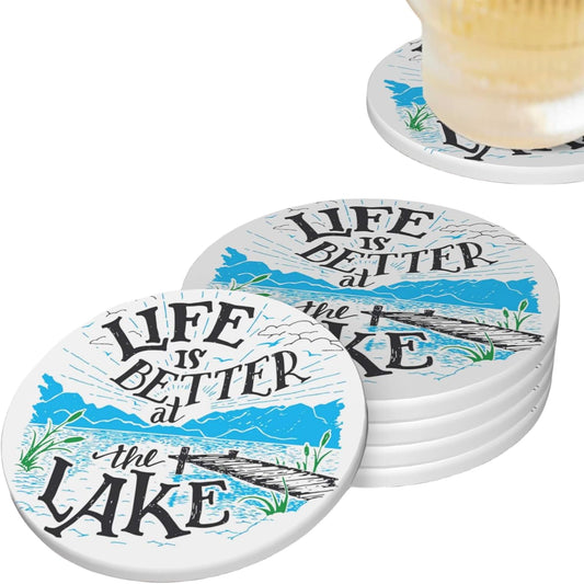Life is Better Lake Coasters for Drinks Set of 4, Absorbent Ceramic Drink Coasters for Coffee Table Wooden Table Cup Bar, 4 Inches