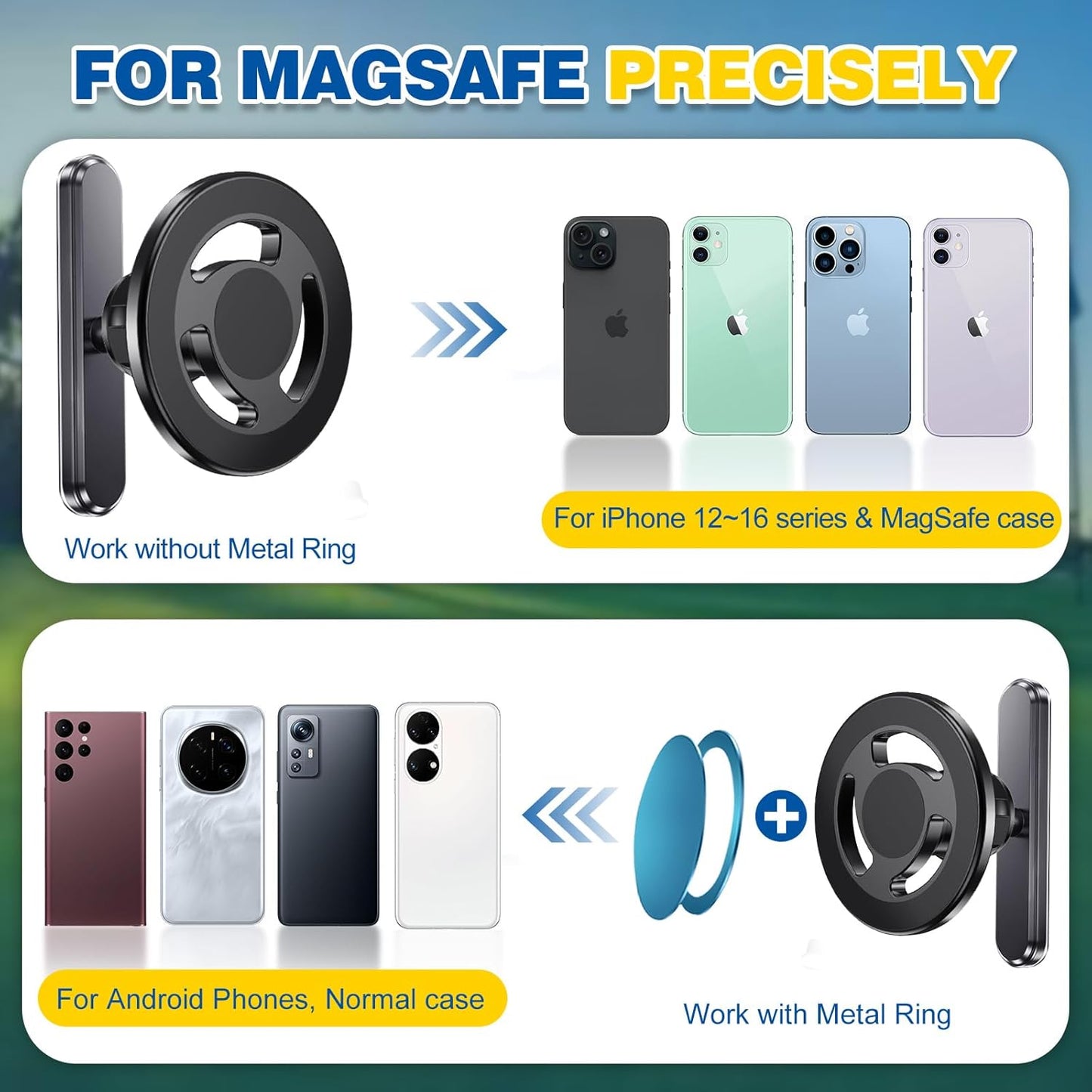 Magnetic Golf Cart Phone Holder, Alloy Phone Mount, Compatible with MagSafe iPhones Series Equipment and All Non-Magnetic Phones Fits EZGO/Club Car/Golf Cart Accessories, Gift for Men Women