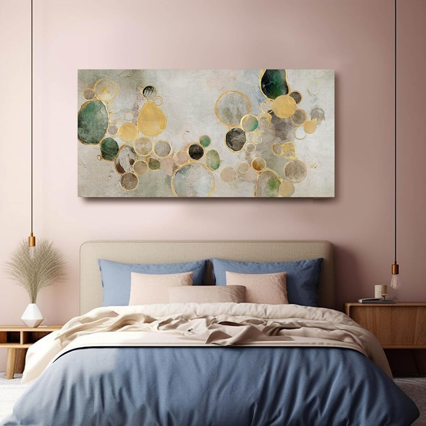 YJYart Large Abstract Canvas Wall Art Green and Gold Decorative Painting 29"x58" Picture Prints Colorful Canvas Wall Art for Kitchen Office Bedroom