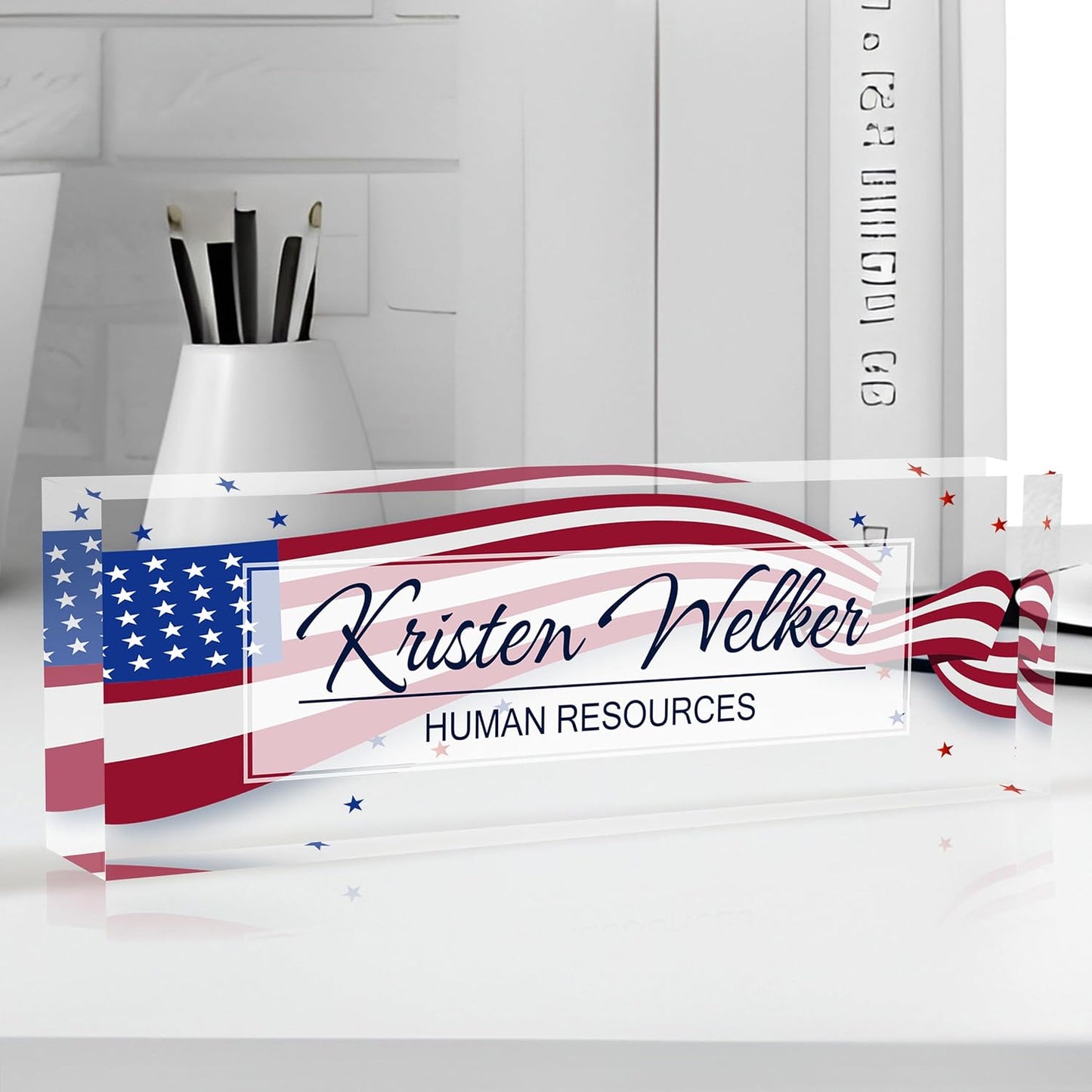 Personalized Name Plate for Desk Custom Acrylic Desk Name Plate Custom Employee Appreciation Gifts Office Gifts for Women, Men, Boss, Coworkers, Teacher, Nurse (Flag 2)