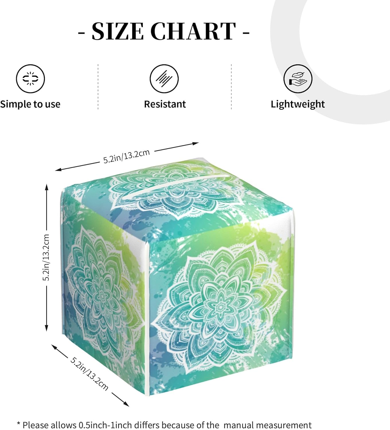 Green Boho Mandala Flower Tissue Box Cover Square, Abstract Mandala Floral Tissue Box Holder Waterproof Leather Facial Paper Organizer Dispenser for Bathroom Home Car Nightstand Vanity Desk
