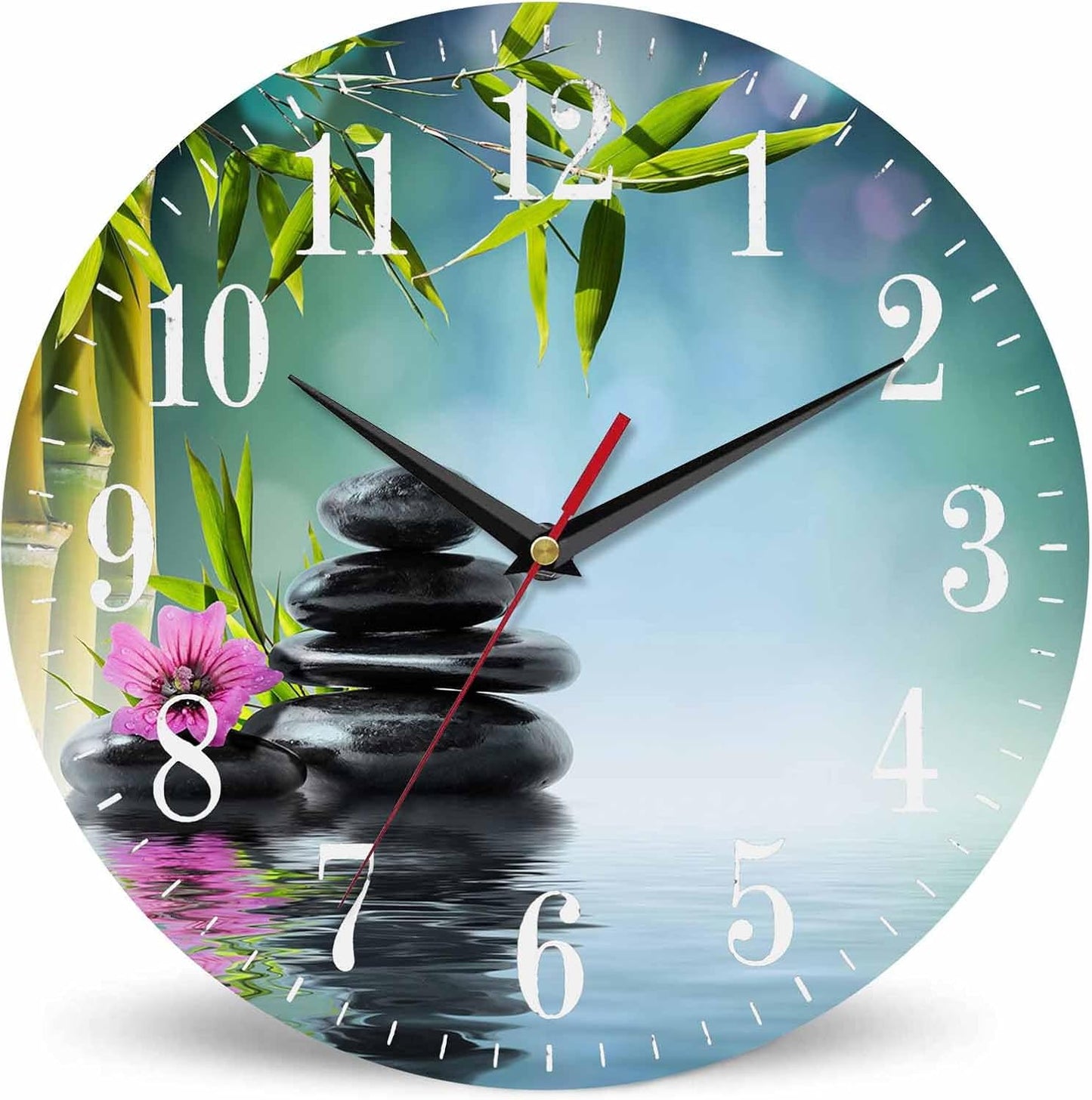 Mxocom Meditation Wall Clock Tower Black Stone and Hibiscus with Bamboo on Water Relax 10 Inch Silent Non Ticking Battery Operated Clock Vintage Round Clock for Living Room Bedroom Bathroom Decor