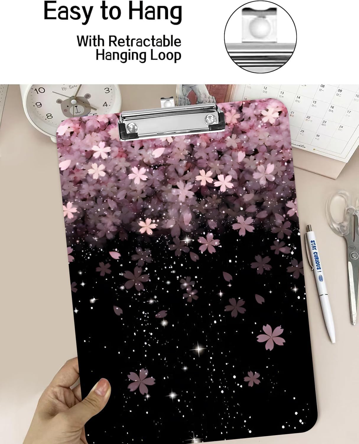 Fashion A4 Clipboard, Standard Letter Size 9" x 12.5", Decorative Wooden Clipboard with Low Profile Metal Clip for Office, School, Teachers, and Students, Cherry Blossoms