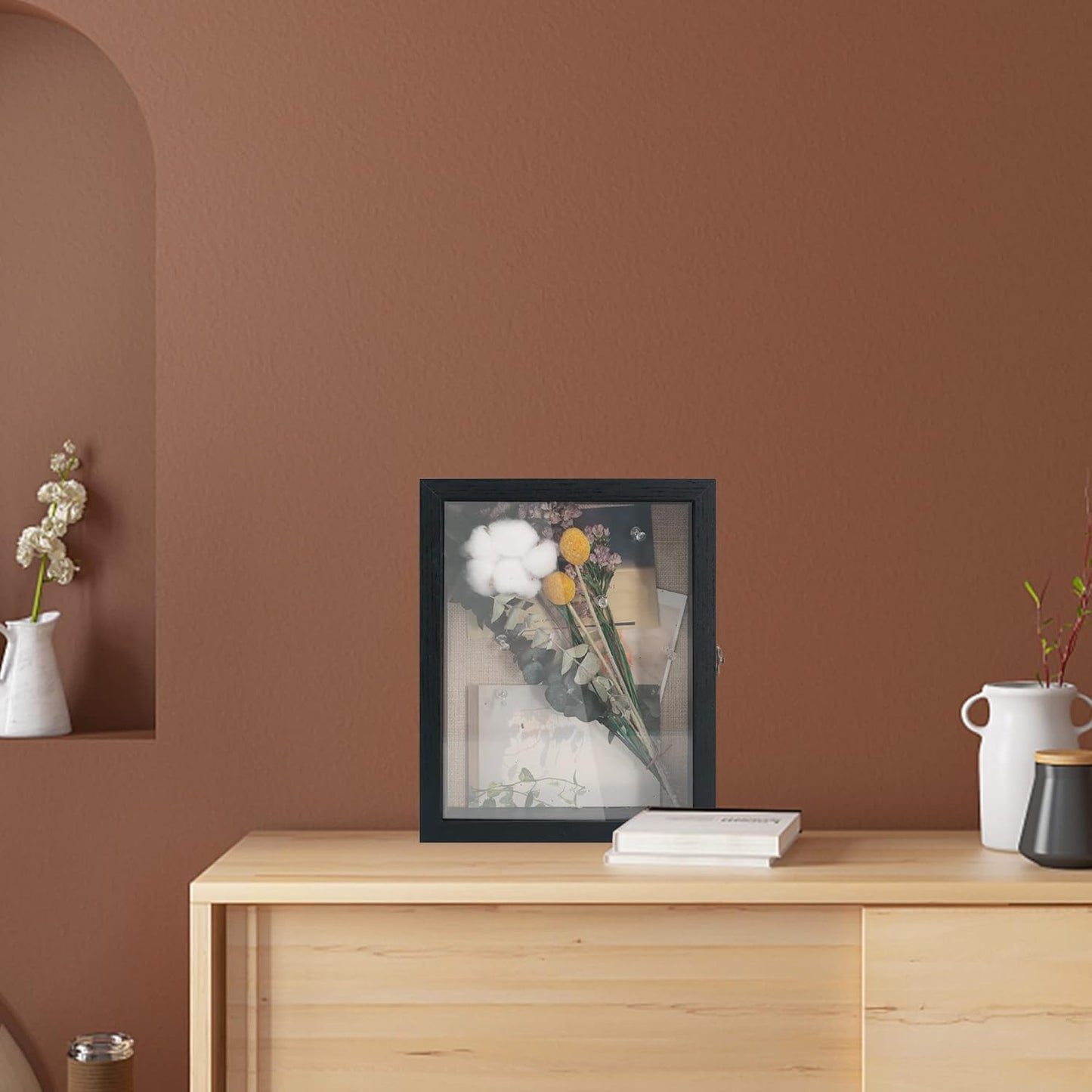 GraduatePro Shadow Box Frame 8x10 Display Case with Linen Back, Real Glass Window Door with Hinge, Picture Frame Wedding Bouquet Memorabilia Medals Photos Memory Box for Keepsakes, Rustic Black