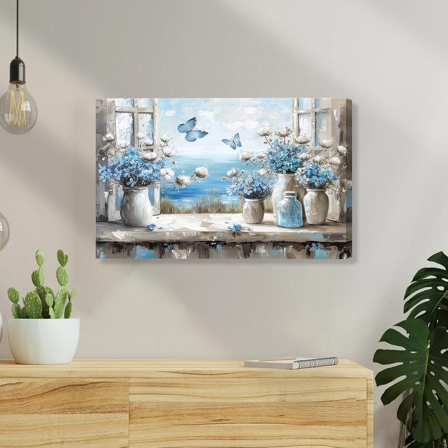 Blue Coastal Flower Bathroom Canvas Wall Art Butterfly Bathroom Painting Picture Wall Decor Window Beach Butterfly Poster Print Artwork for Living Room Bathroom Home Decoration