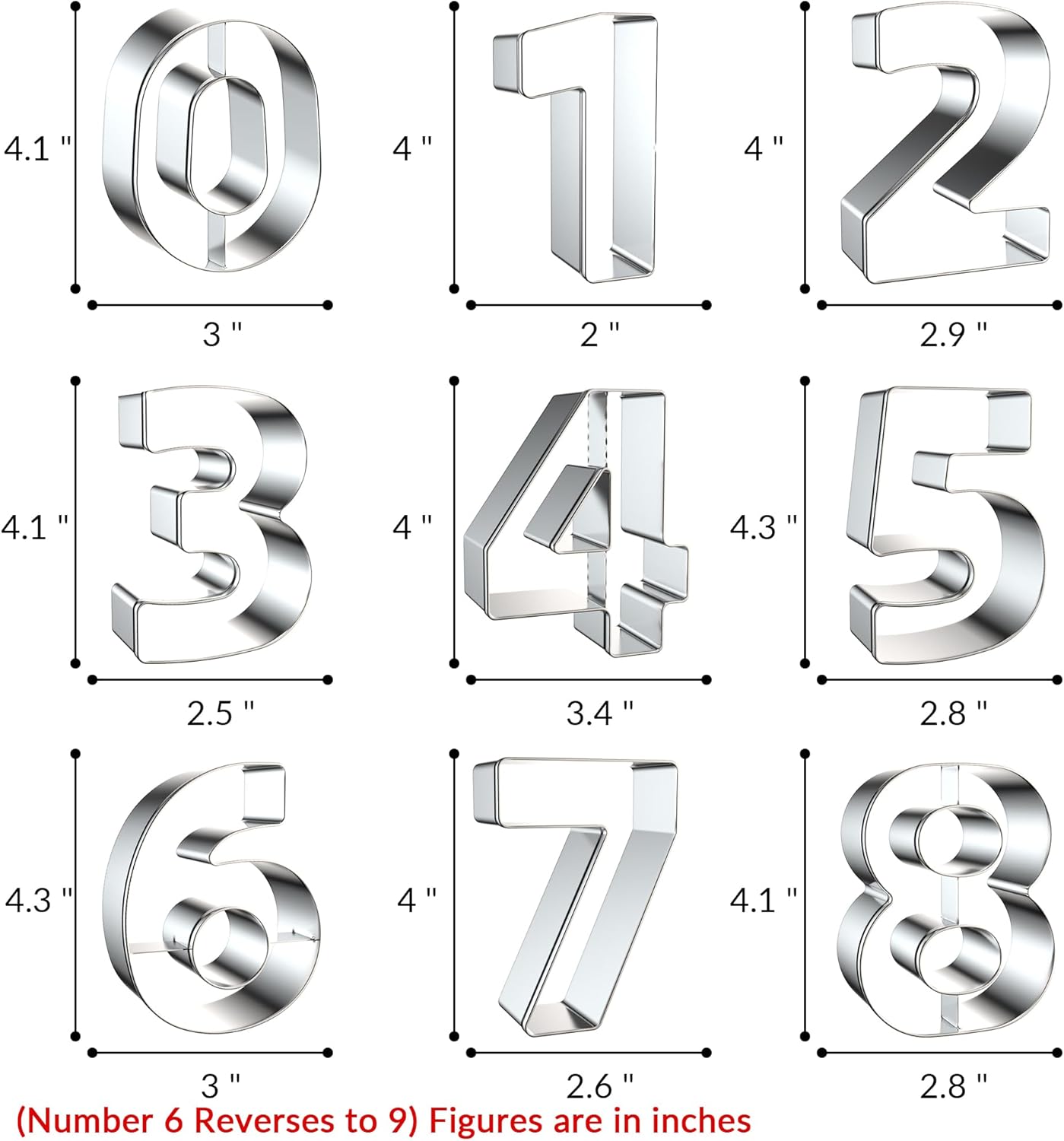 9PCS Number Cookie Cutters Set, Birthday Numbers 0-8(6 Reverses to 9), 4 Inches Stainless Steel Cookie Cutters for Baking, Number Shaped Baking Tool for Homemaking Biscuit, Cookie, Dough