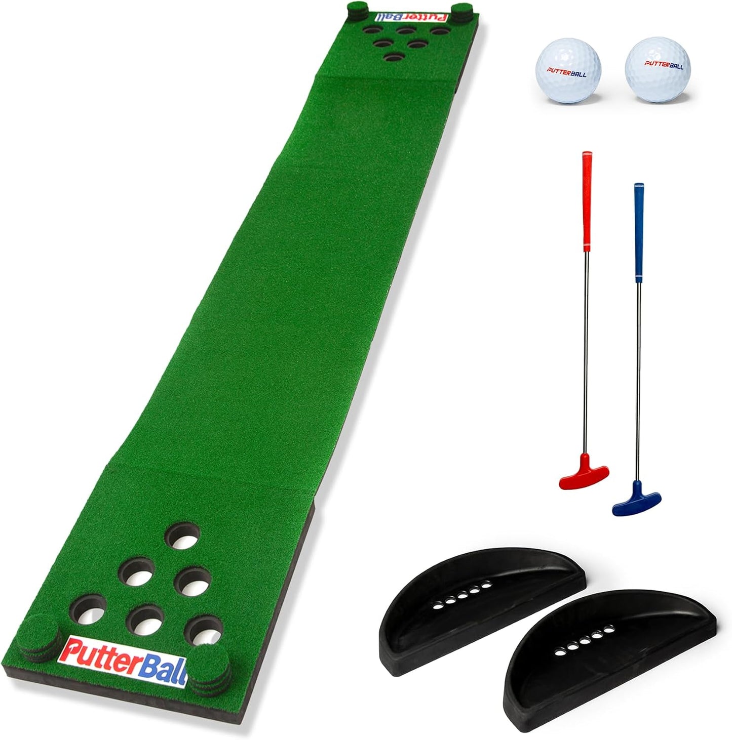 PutterBall Original Golf Putting Game Set – Backyard 12 ft Putting Green Pong Style Golf Mat with 2 Putters, 2 Balls & Hole Covers (PutterBall Original)