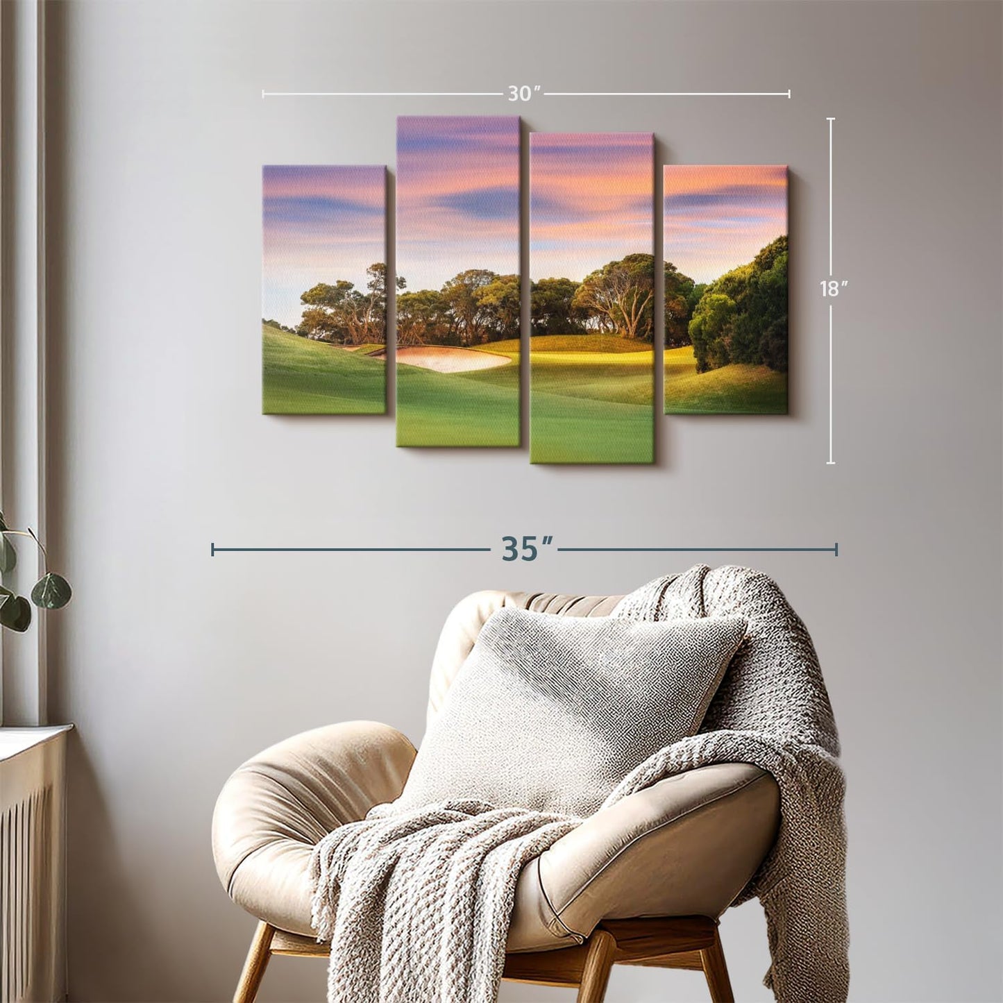 ElephantStock Golf Course Sundown Wall Art - Horizontal Canvas - 4-Piece Living Room Wall Decor - Photography Sports Canvas Print - Orange and Blue Decor for Wall - 30" X 18"