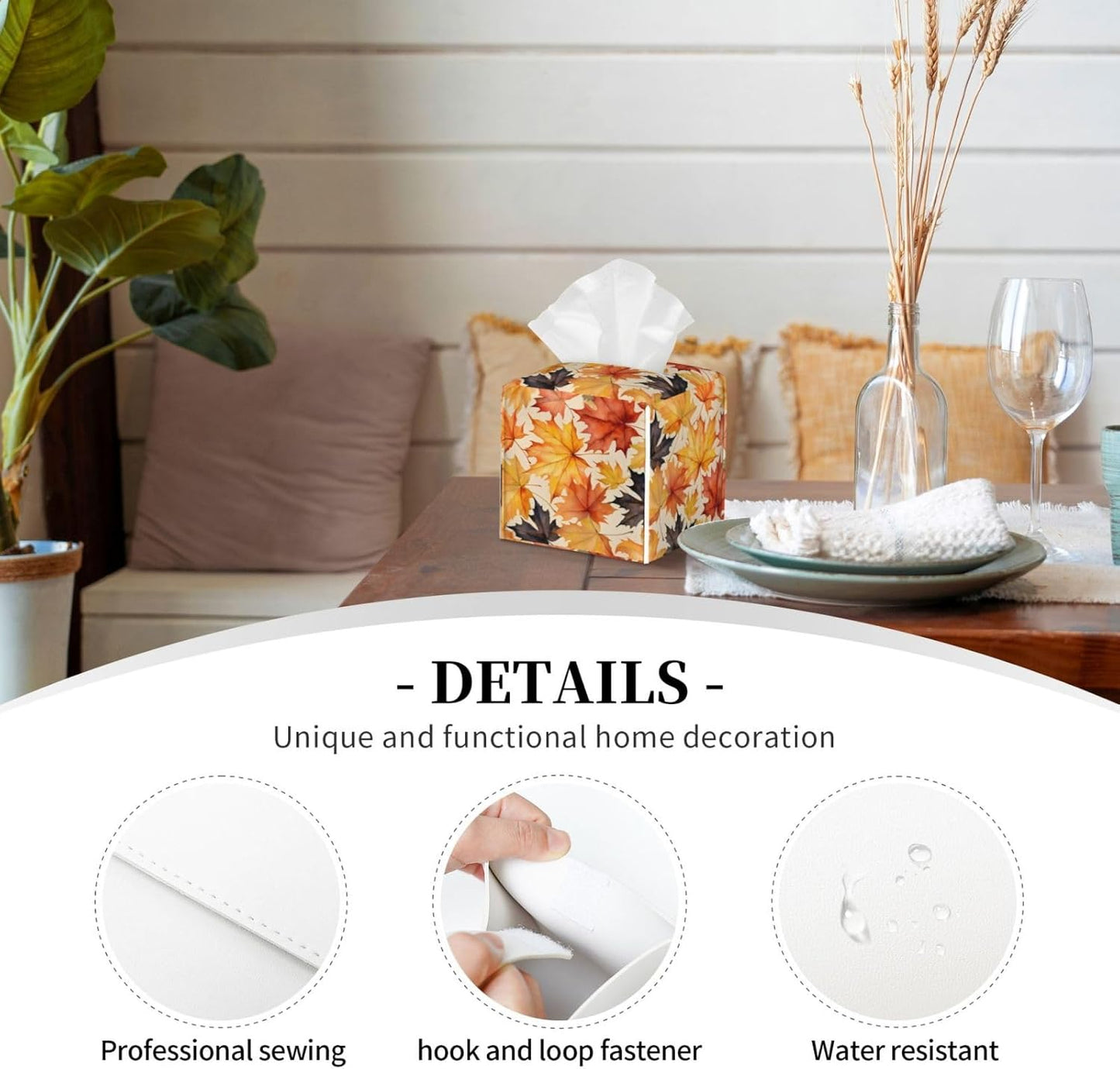 Tissue Box Cover Fall Maple Leaf Square PU Leather Tissue Box Holder for Car Bathroom Bedroom Desk Tabletop Decor