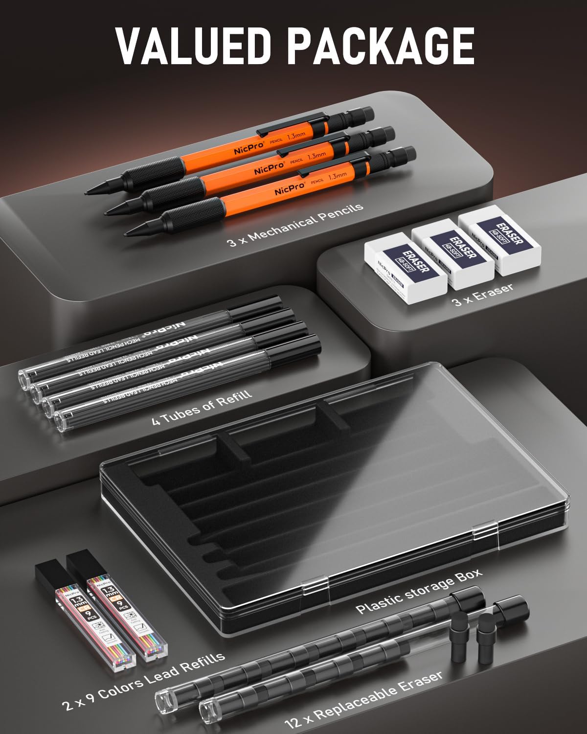 Nicpro 3 PCS 1.3 mm Orange Mechanical Pencils Set with 66 Lead Refill, 3 Eraser - Weatherproof Metal Barrel, Heavy Duty Carpenter Pencil MP2000 for Outdoor Marking Drafting Drawing Woodworking