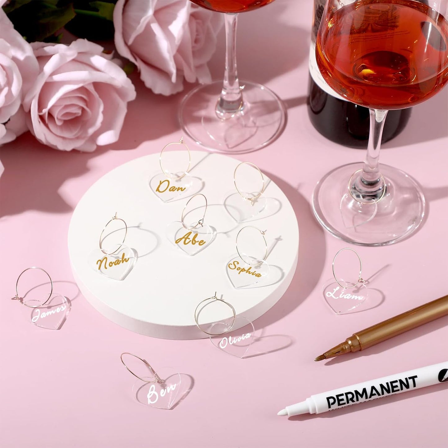 Tondiamo 40 Pcs DIY Wine Charms for Glasses Acrylic Wine Charms with Rings Tags Marker Pen Blank Glass Labels Bulk for Stem Cocktail Champagne Wedding Dinner Party Favor