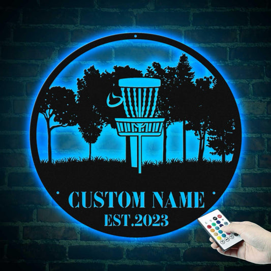 Custom Disc Golf Basket LED Metal Wall Art – Personalized Metal Sign with Remote, Sports Wall Decor for Boys Room, Game Room Gift for Men, Disc Golf Lover Present Model-Disc02
