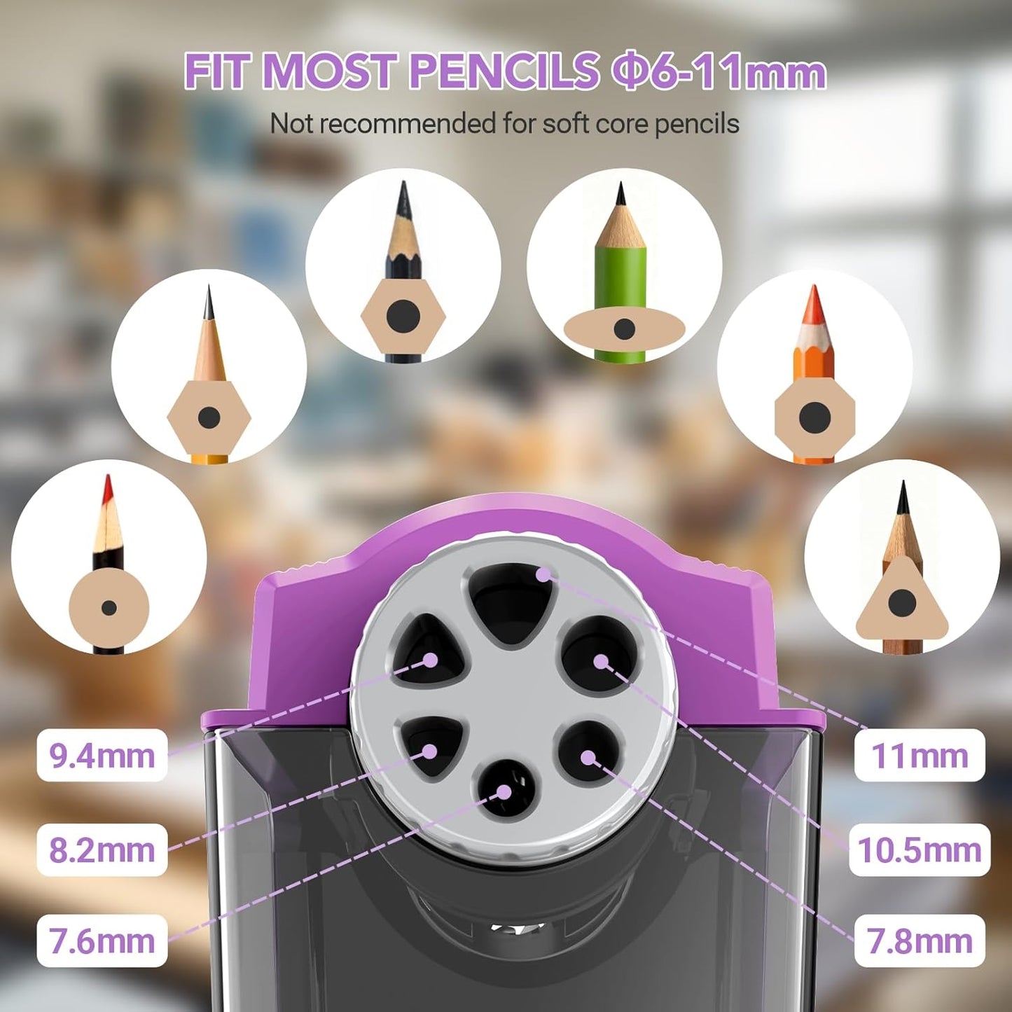 AFMAT PSD4 Electric Pencil Sharpener Heavy Duty, 6 Holes, Cordless & Rechargeable, Super Fast, Auto Stop, 10K+ Uses, Classroom Pencil Sharpener for 6-11mm No.2/Large/Colored Pencils, Purple